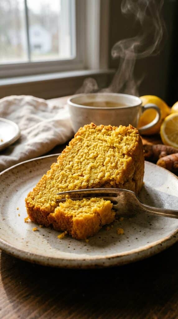 A close-up of a slice of yellow turmeric cake on a plate with a fork and a cup of tea.