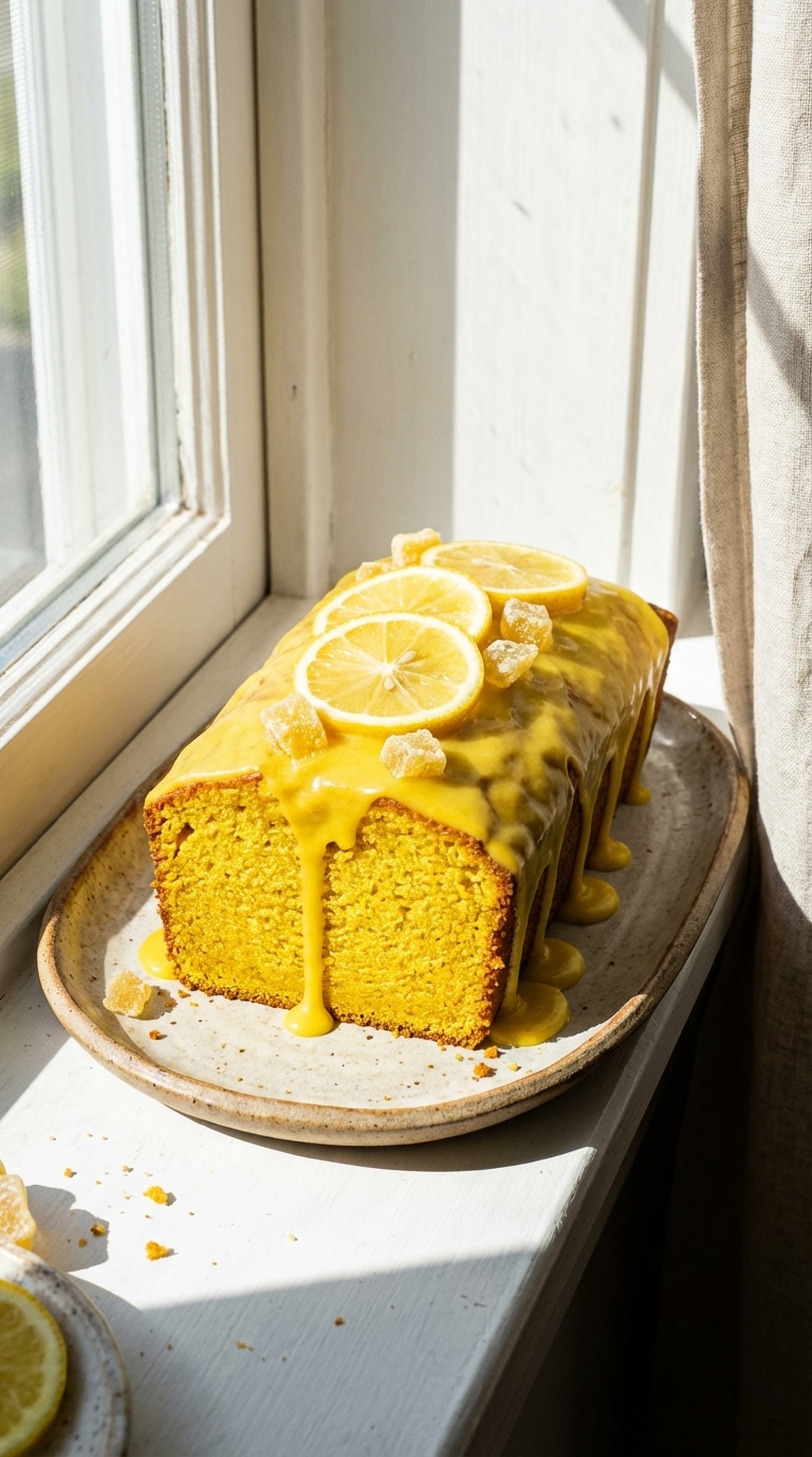 A bright yellow glazed loaf cake garnished with lemon slices and ginger on a sunny table.