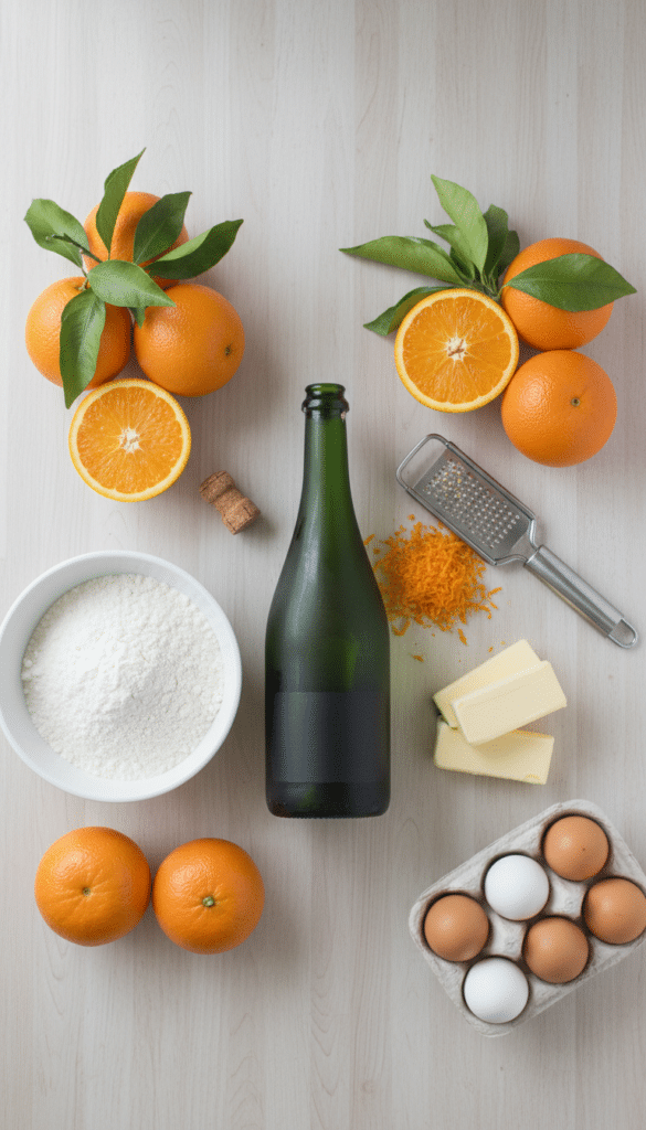 A flat lay showing a bottle of champagne, fresh oranges, butter, flour, and eggs on a wooden board.