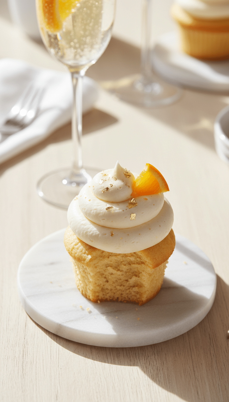 A close-up of a mimosa cupcake with a tall swirl of frosting, an orange slice garnish, and a glass of mimosa in the background.