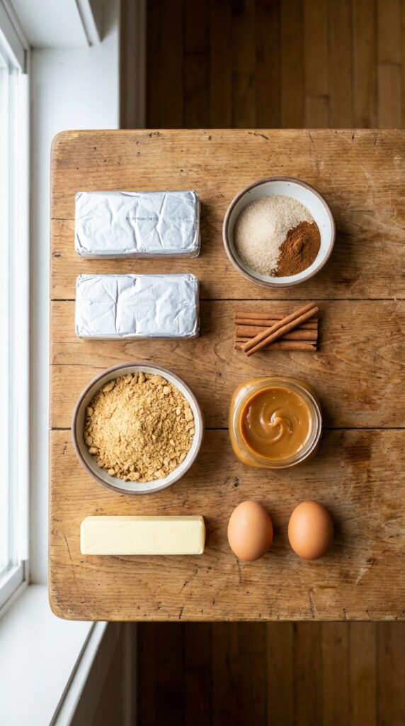 A flat lay showing cream cheese, cinnamon sugar, graham crackers, eggs, butter, and dulce de leche on a wooden board.