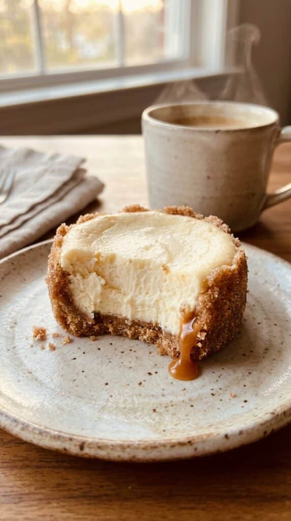 A close-up of a single mini churro cheesecake with a bite taken out, showing the crust and creamy filling.