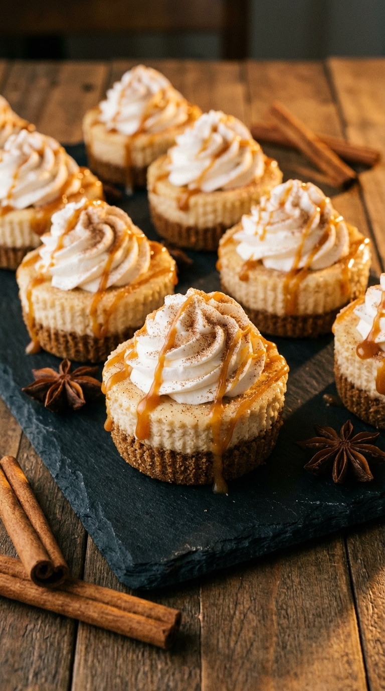 A slate board filled with mini churro cheesecakes topped with whipped cream, cinnamon sugar, and a caramel drizzle.