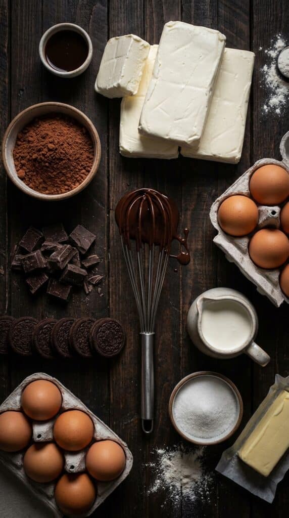 A dark flat lay showing cream cheese, cocoa powder, chocolate chunks, cookies, and eggs on a wooden table.