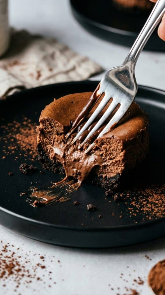 An extreme close-up of a fork cutting through a dense mini chocolate cheesecake showing the fudgy texture inside.