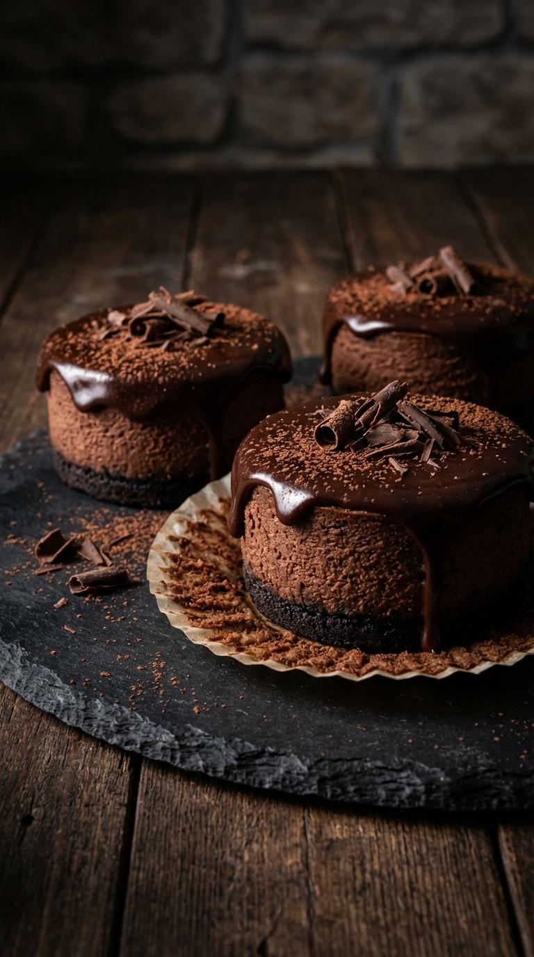 Three mini chocolate cheesecakes with ganache drips and chocolate curls on a dark slate board.