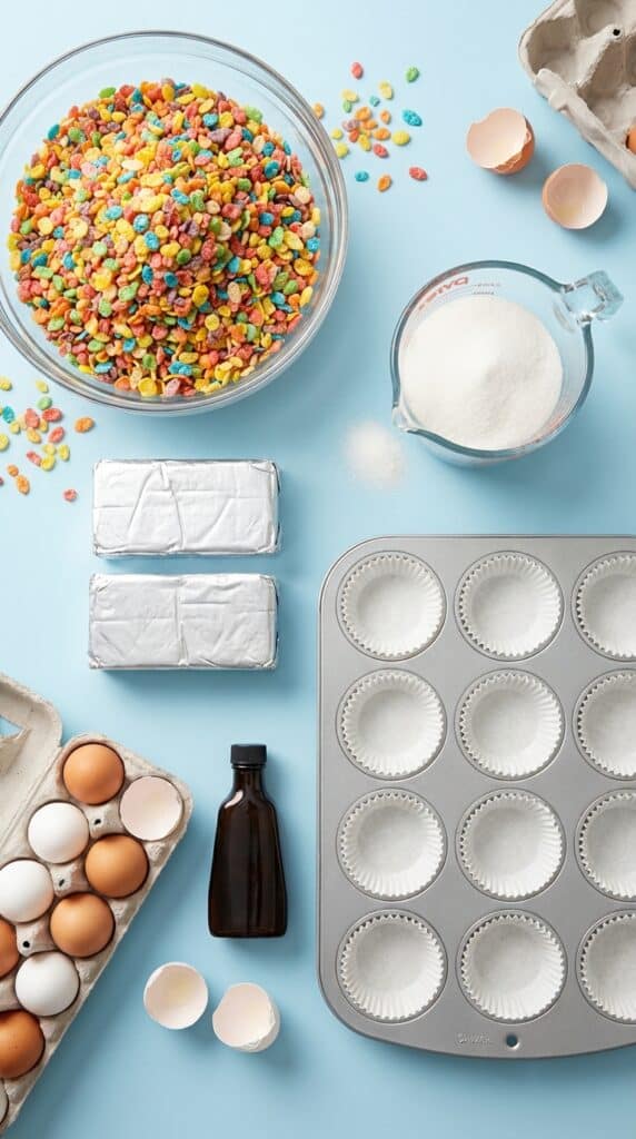 Overhead flat lay showing a bowl of Fruity Pebbles cereal, cream cheese, eggs, sugar, and a lined muffin tin on a pastel blue background.