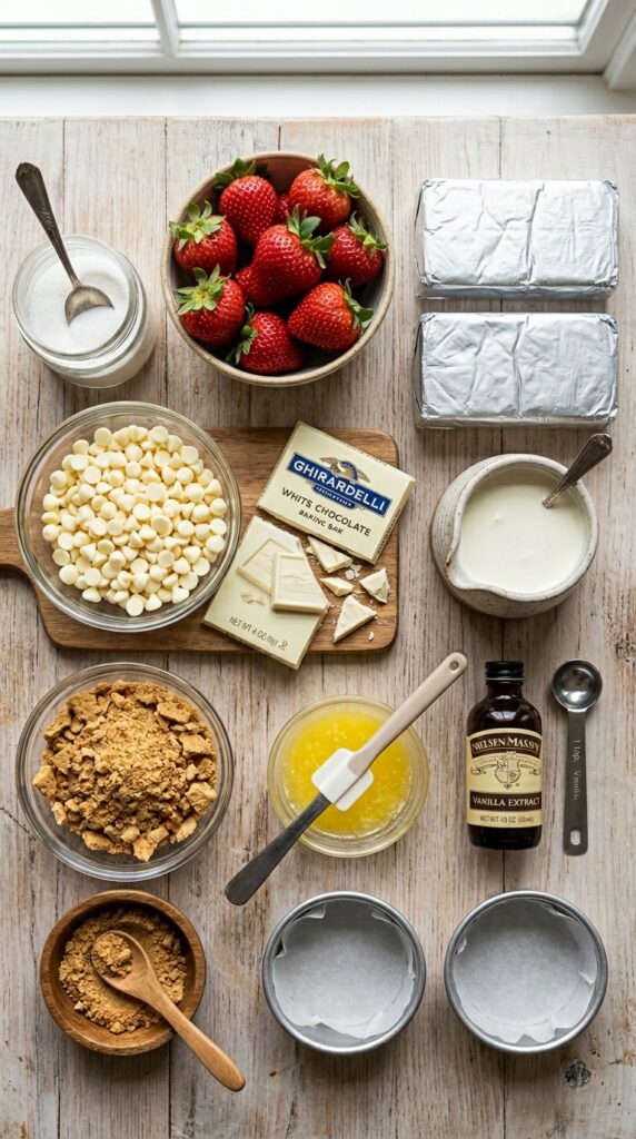 A flat lay showing fresh strawberries, cream cheese, white chocolate, heavy cream, and graham crackers on a wooden board.