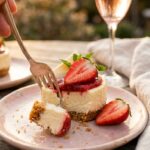 A close-up of a dessert fork taking a bite out of a mini white chocolate strawberry cheesecake.