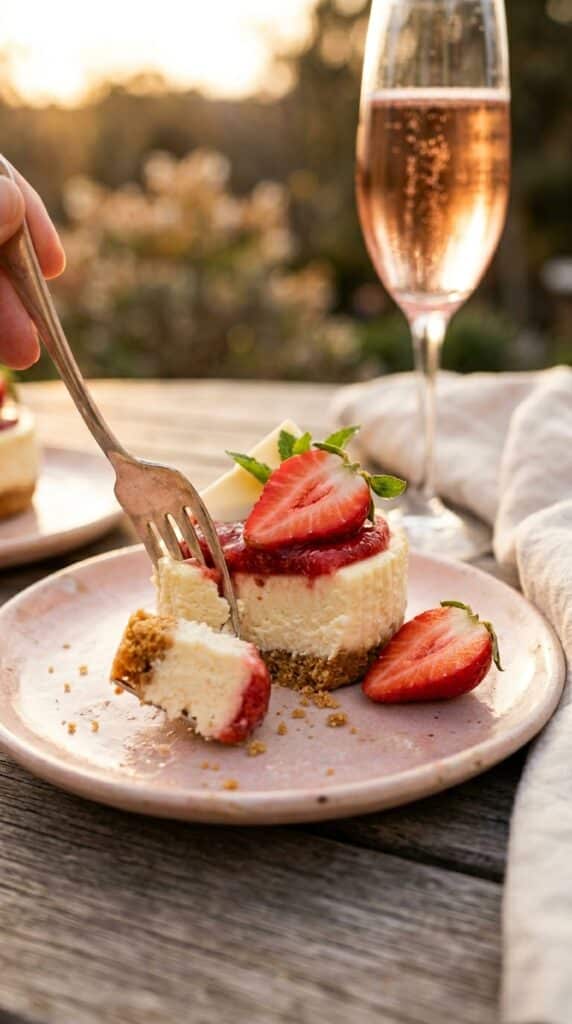 A close-up of a dessert fork taking a bite out of a mini white chocolate strawberry cheesecake.