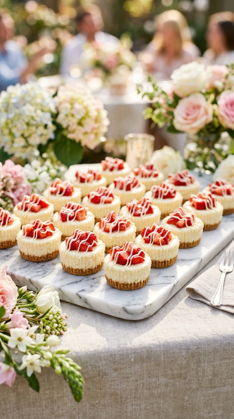 A marble board displaying mini white chocolate cheesecakes topped with diced fresh strawberries and a chocolate drizzle.