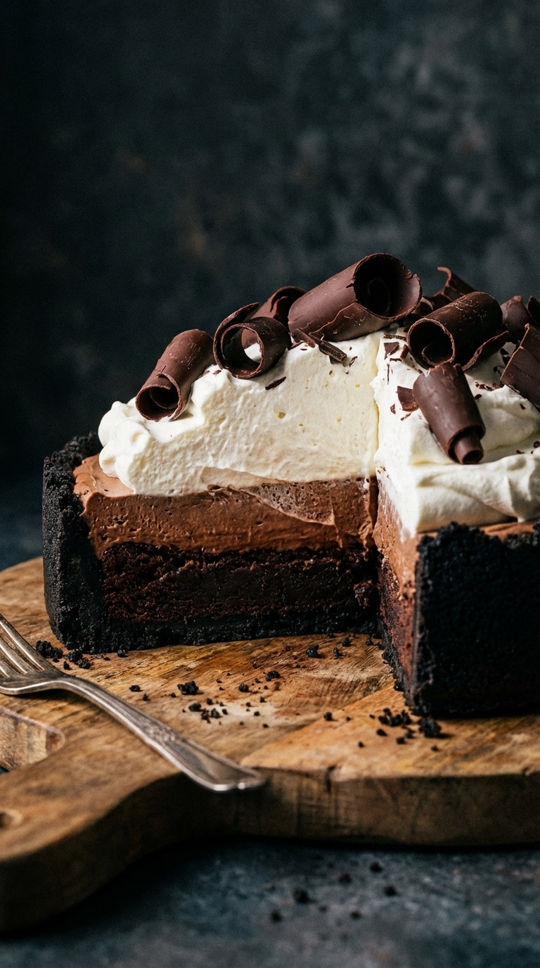 A sliced Mississippi Mud Pie showing layers of Oreo crust, brownie, chocolate mousse, and whipped cream.