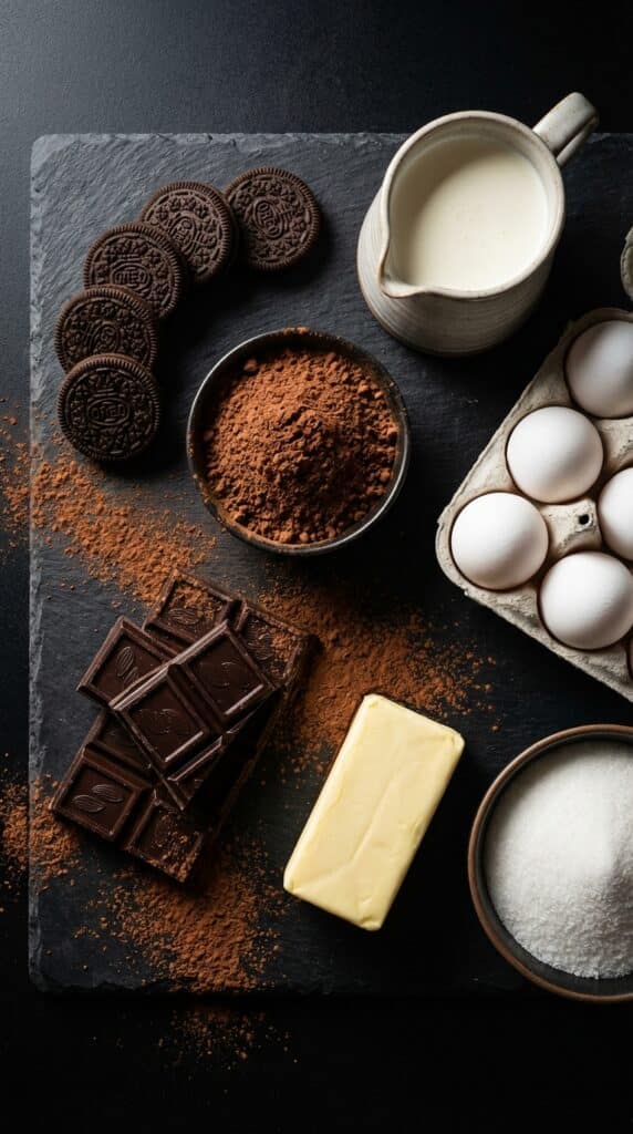 A flat lay showing Oreo cookies, dark chocolate bars, cocoa powder, cream, and eggs on a dark surface.