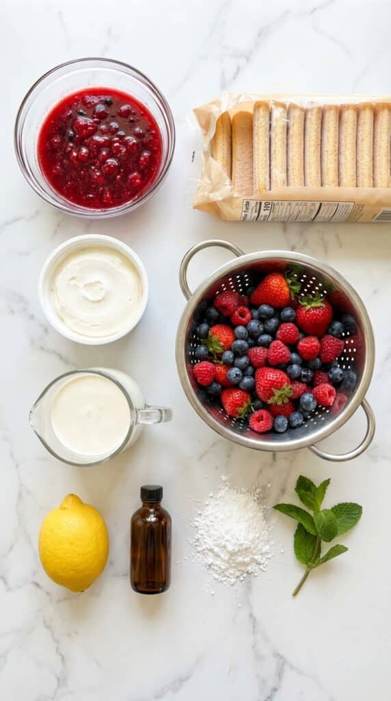 A flat lay showing berry syrup, ladyfingers, mascarpone cheese, heavy cream, and fresh mixed berries on a marble board.
