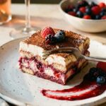 A close-up of a slice of berry tiramisu on a plate with a fork, showing the soaked purple biscuits and creamy layers.