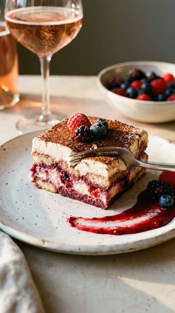 A close-up of a slice of berry tiramisu on a plate with a fork, showing the soaked purple biscuits and creamy layers.