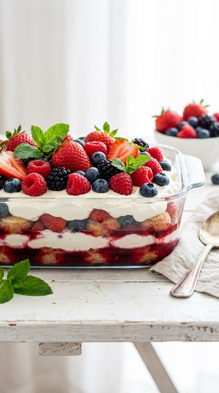 A glass dish filled with berry tiramisu showing layers of red-soaked biscuits and white cream, topped with fresh mixed berries.