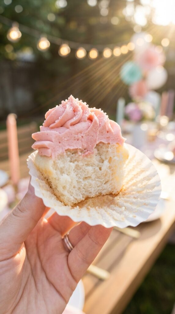A close-up of a hand peeling the wrapper off a halved Moscato cupcake, showing the moist crumb inside.