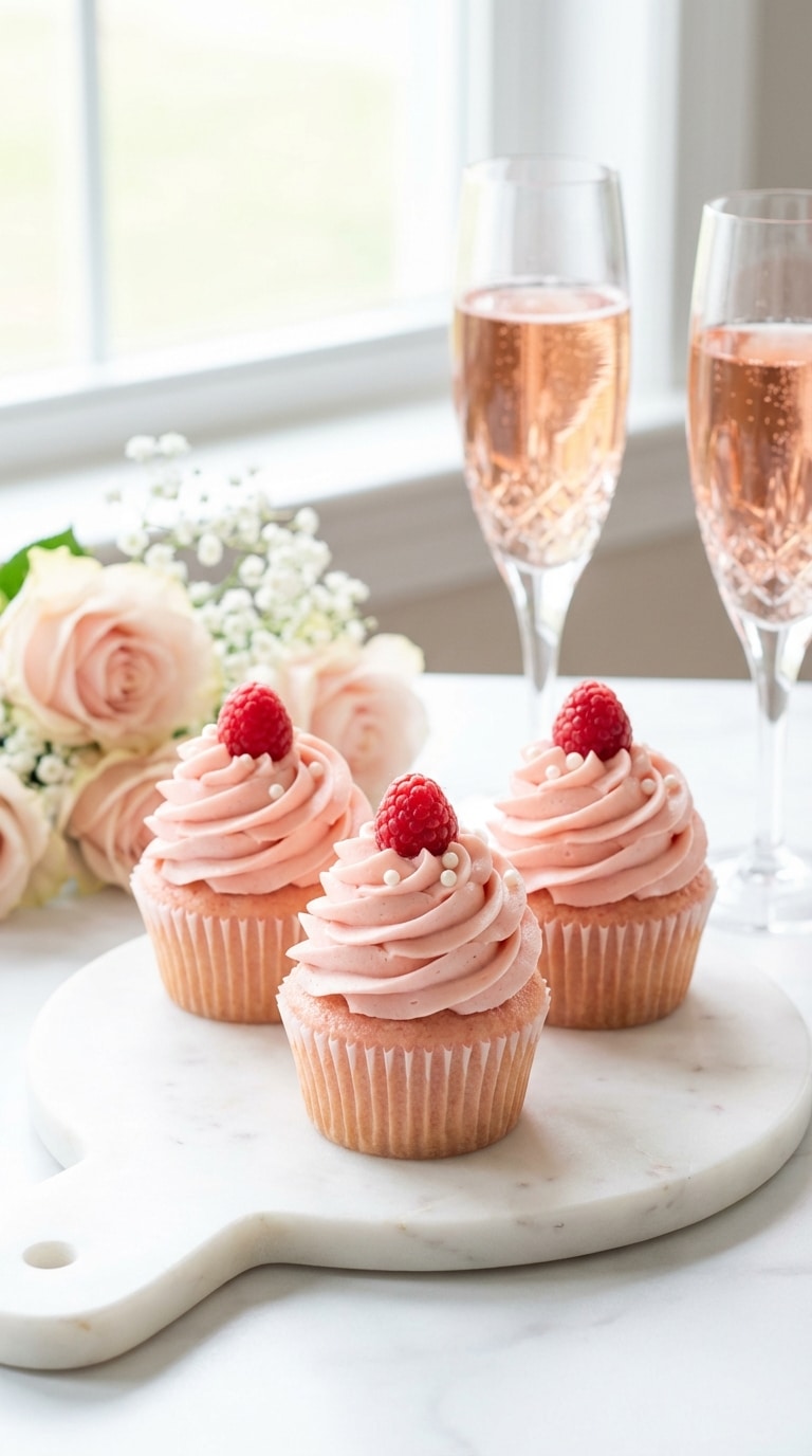 Three pink moscato cupcakes with blush pink frosting and raspberries, with glasses of wine in the background.