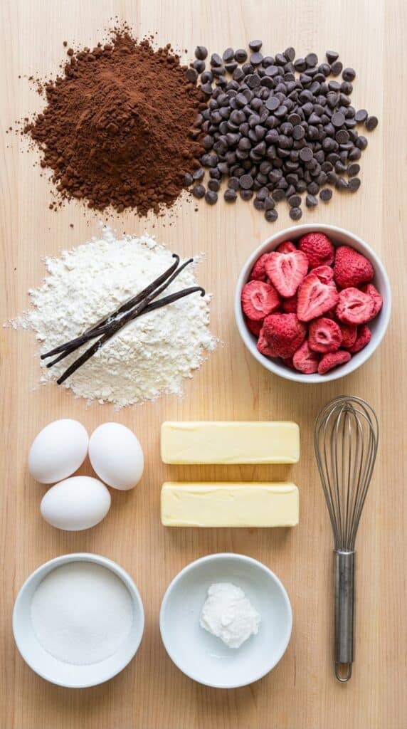 A flat lay showing baking ingredients separated by color: cocoa powder, vanilla beans with flour, and pink freeze-dried strawberries on a wooden board.