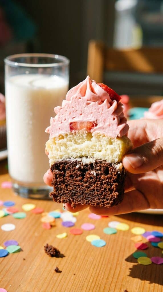 A close-up of a hand holding a cupcake cut in half, showing distinct chocolate, vanilla, and strawberry layers.