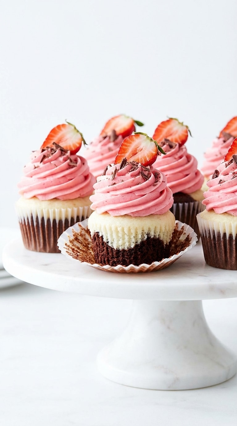 A display of Neapolitan cupcakes on a marble stand, showing chocolate and vanilla cake layers topped with pink strawberry frosting.