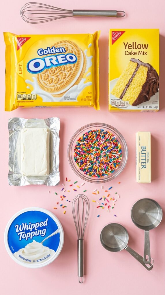 A flat lay showing Golden Oreos, yellow cake mix, cream cheese, and rainbow sprinkles on a pink surface.