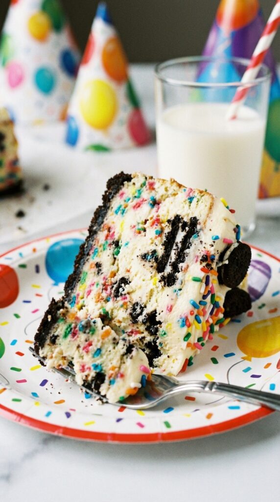 A close-up of a slice of funfetti cheesecake showing the creamy texture and sprinkles inside.