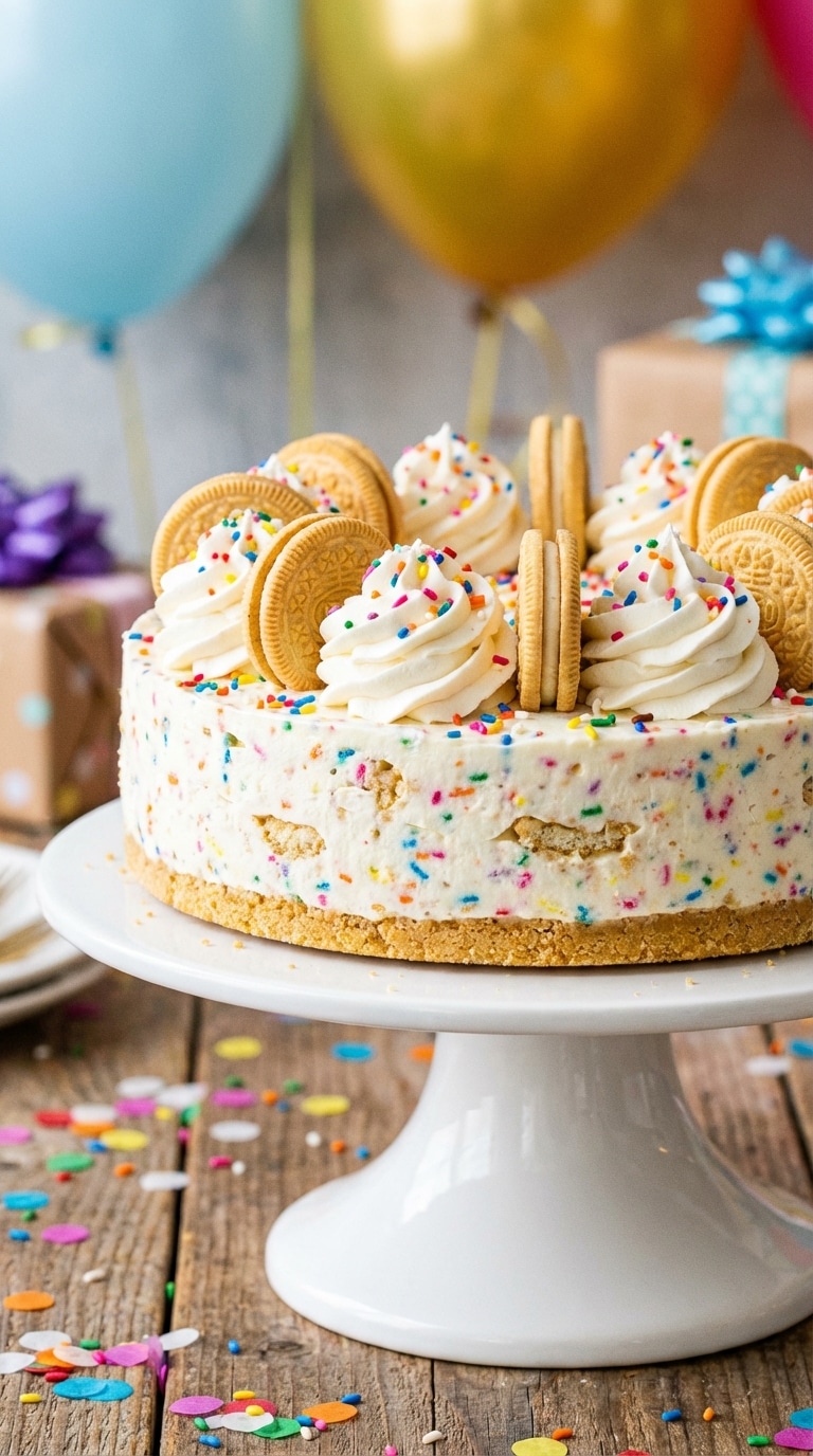 A whole no-bake funfetti cheesecake on a stand, topped with whipped cream, golden Oreos, and rainbow sprinkles.