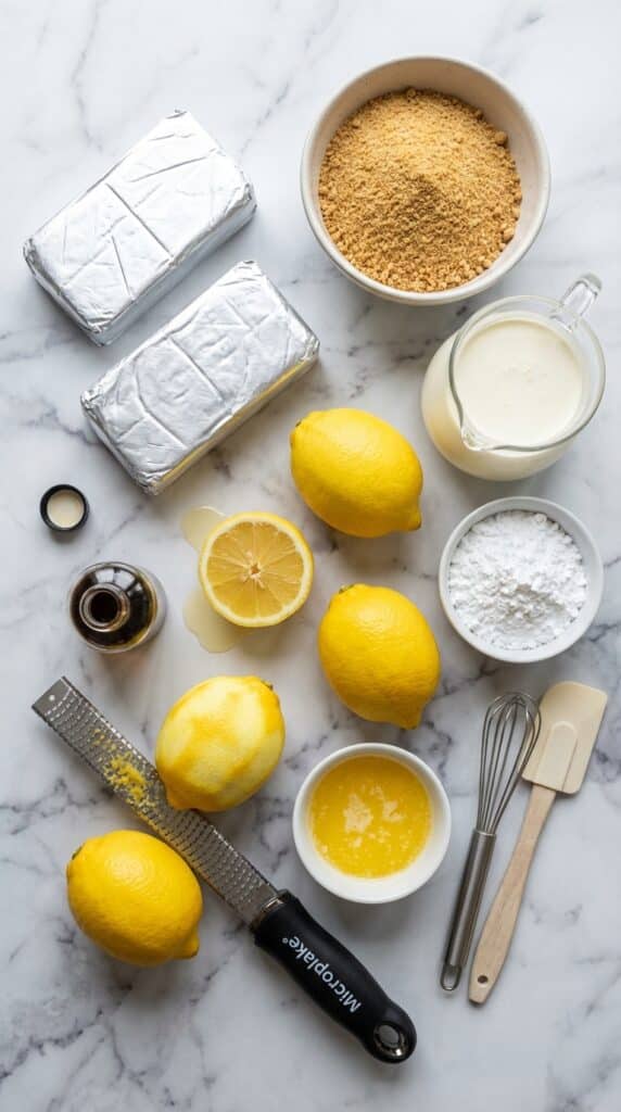 A flat lay showing cream cheese, fresh lemons, heavy cream, powdered sugar, and graham cracker crumbs on marble.