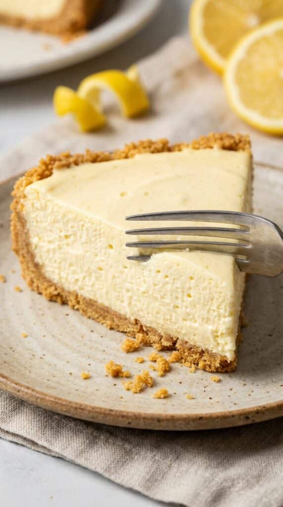 A close-up of a fork cutting into a creamy slice of lemon cheesecake, showing the smooth texture.
