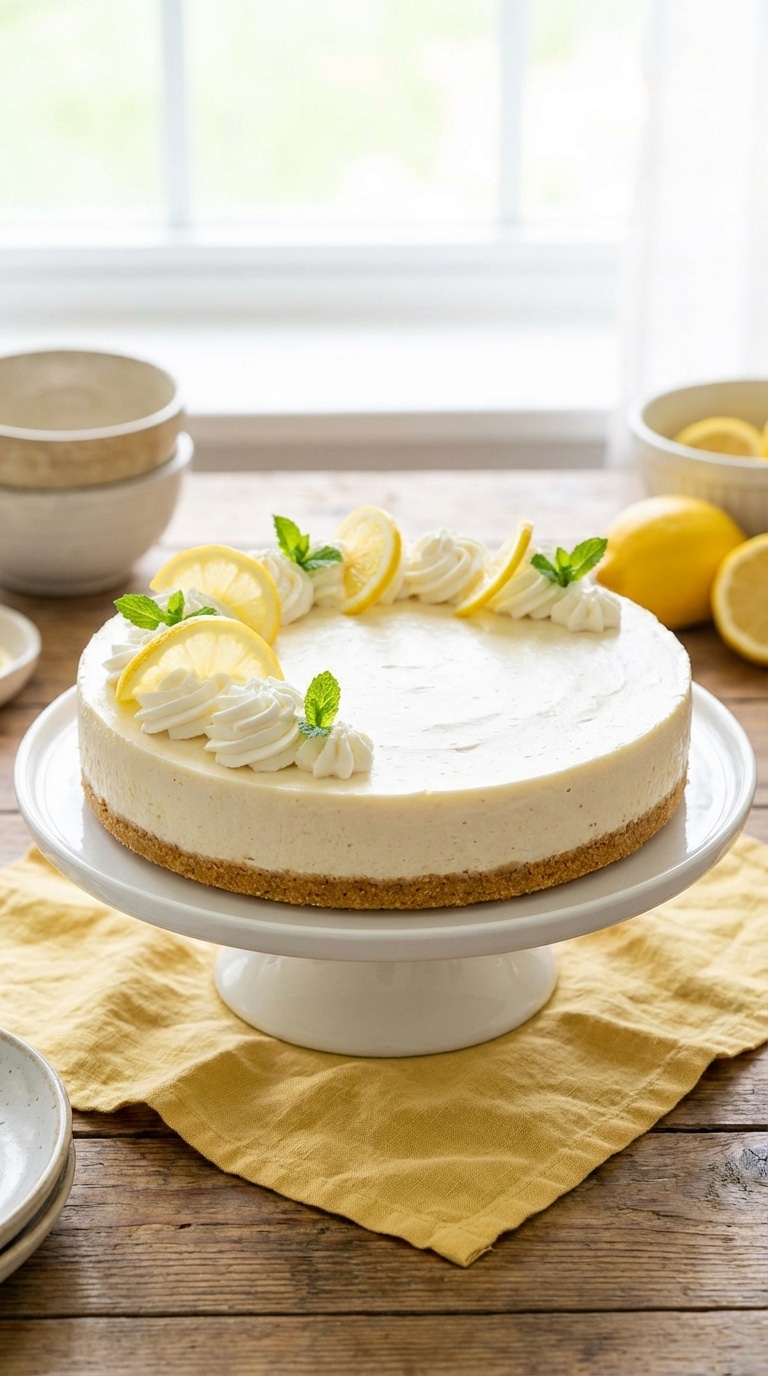 A whole no-bake lemon cheesecake on a stand, topped with lemon slices, mint, and whipped cream.
