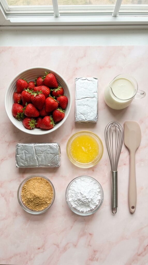 A flat lay showing fresh strawberries, cream cheese, heavy cream, and graham cracker crumbs on a marble board.
