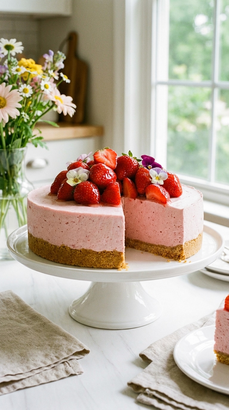 A whole pink strawberry cheesecake on a stand topped with fresh berries, with one slice removed to show the creamy texture.