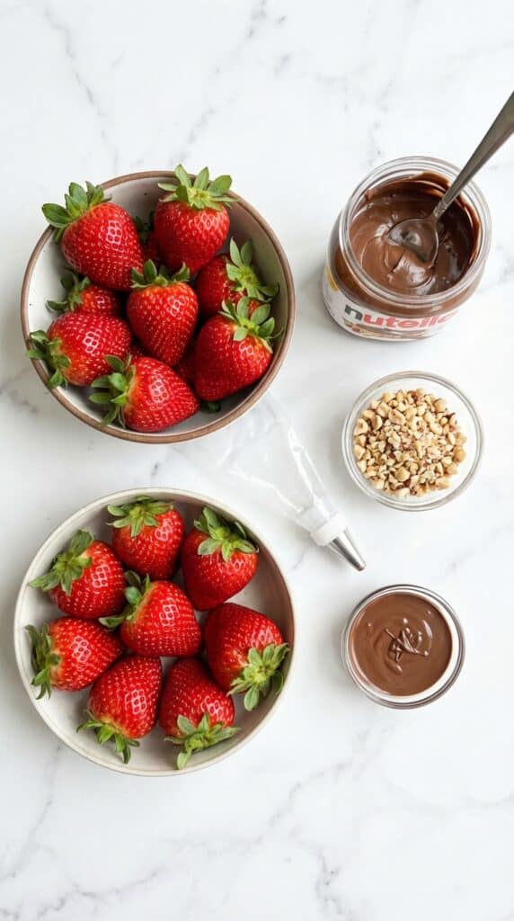 A flat lay showing fresh strawberries, a jar of hazelnut spread, hazelnuts, and a piping bag.