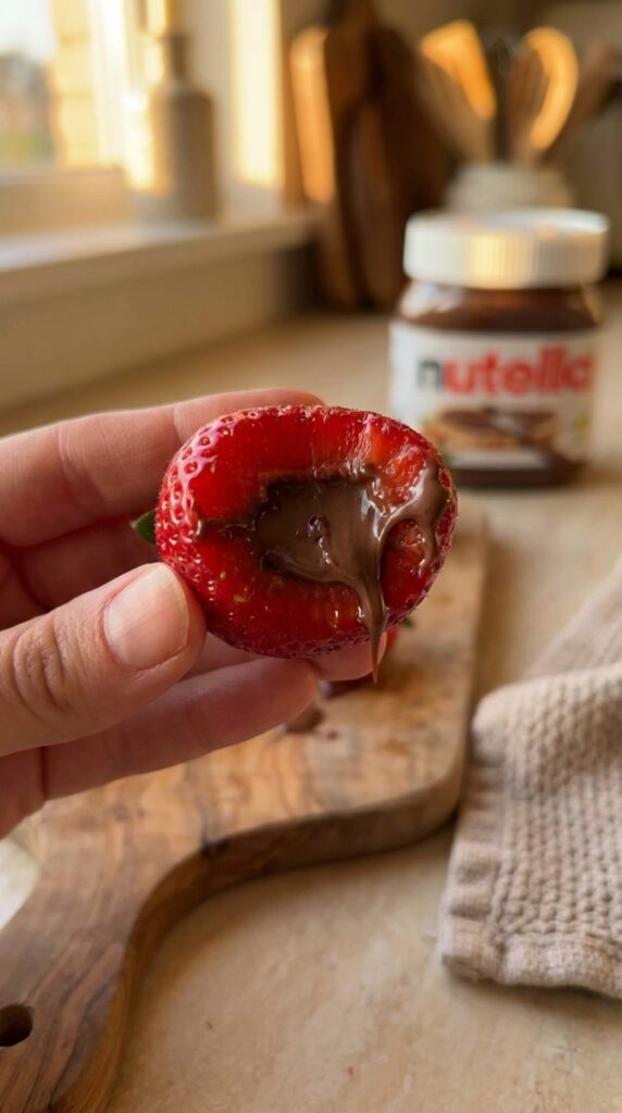 A close-up of a hand holding a bitten strawberry, showing the chocolate filling inside.