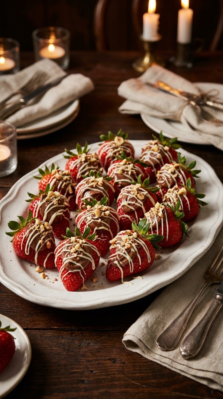 A platter of fresh strawberries filled with piped Nutella swirls and topped with chopped hazelnuts.