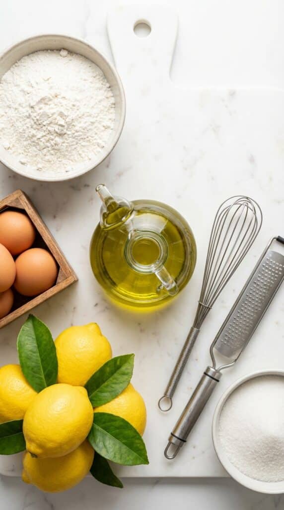 A flat lay showing a bottle of green olive oil, fresh lemons, flour, eggs, and sugar on a marble surface.