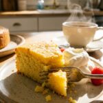 A close-up of a fork cutting into a moist slice of lemon olive oil cake with whipped cream.