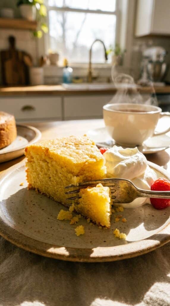 A close-up of a fork cutting into a moist slice of lemon olive oil cake with whipped cream.
