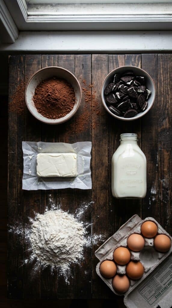 A flat lay showing cocoa powder, crushed Oreos, cream cheese, and buttermilk on a dark wood table.