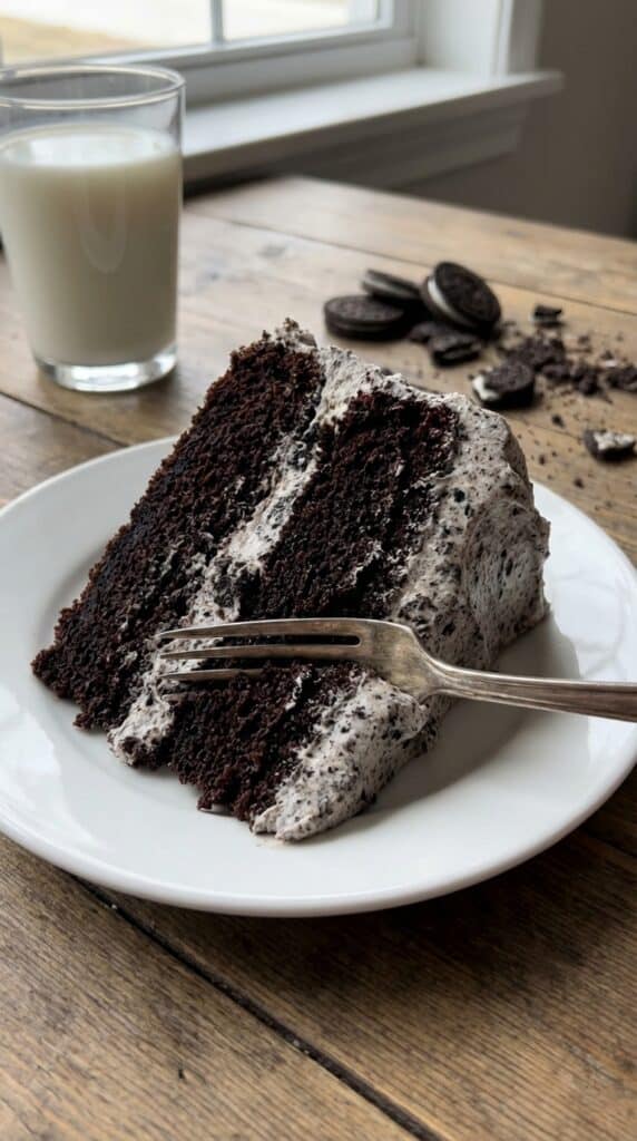 A close-up of a fork taking a bite of dark chocolate cake with speckled Oreo frosting.