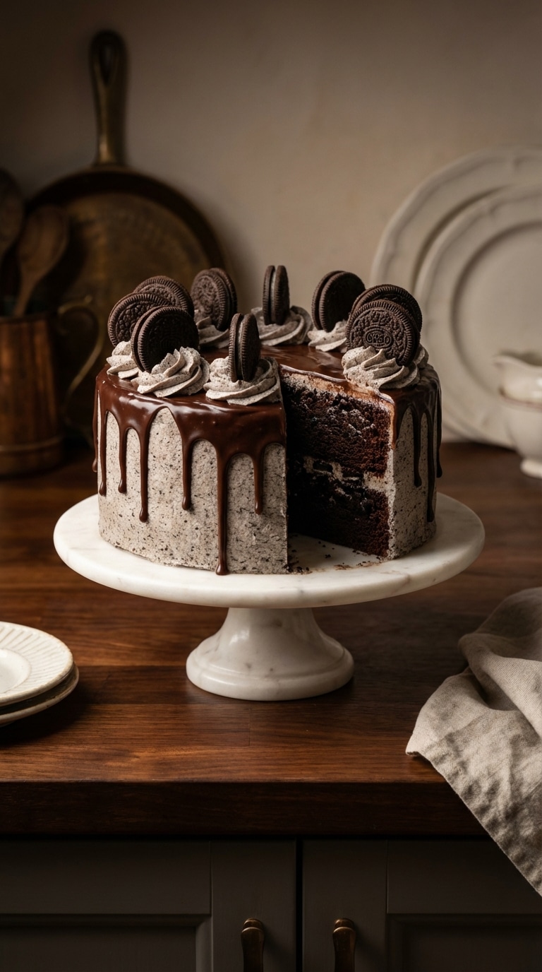 A whole chocolate cake with speckled Oreo frosting and chocolate drip, decorated with whole cookies.