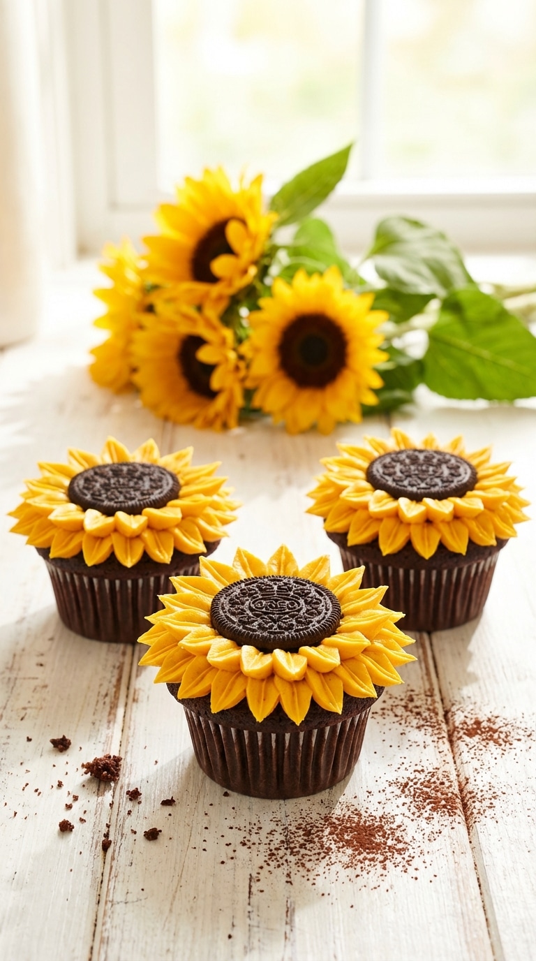 Three chocolate cupcakes decorated with an Oreo center and yellow frosting petals to look like bright sunflowers.
