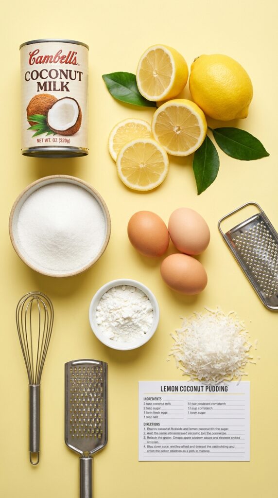 A flat lay showing a can of coconut milk, lemons, eggs, sugar, and shredded coconut on a yellow background.