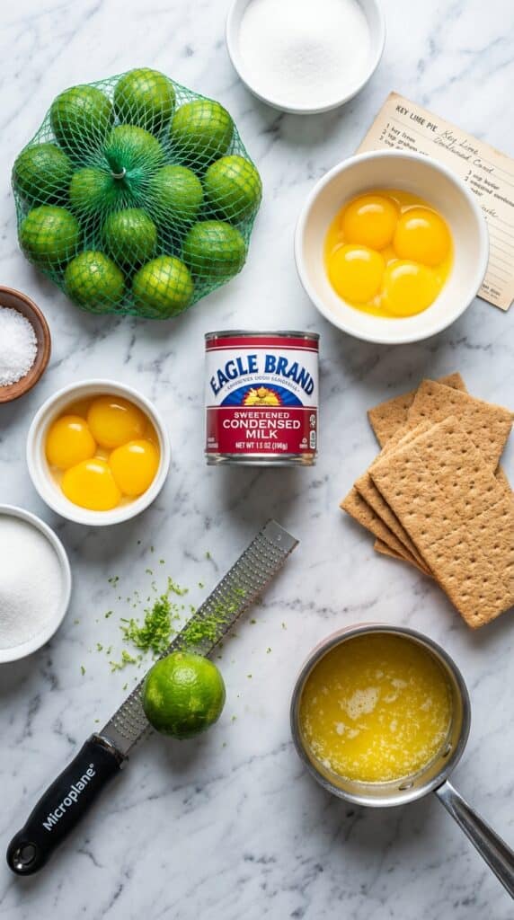 A flat lay showing small key limes, sweetened condensed milk, egg yolks, graham crackers, and butter on a marble board.