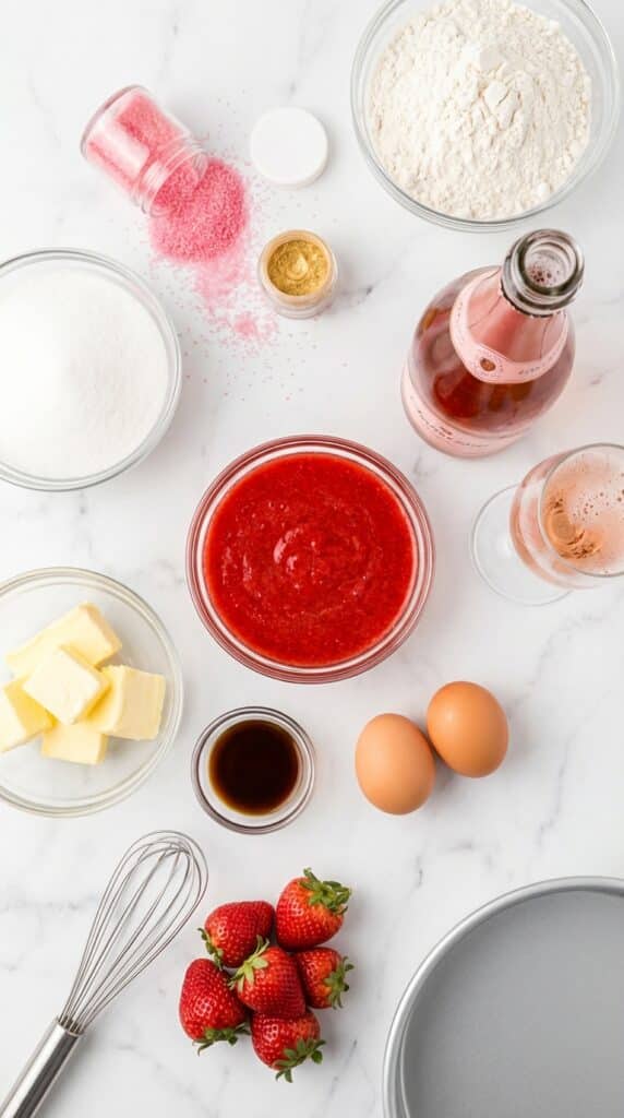 A flat lay showing strawberry puree, a bottle of champagne, flour, and jars of edible glitter and sugar.