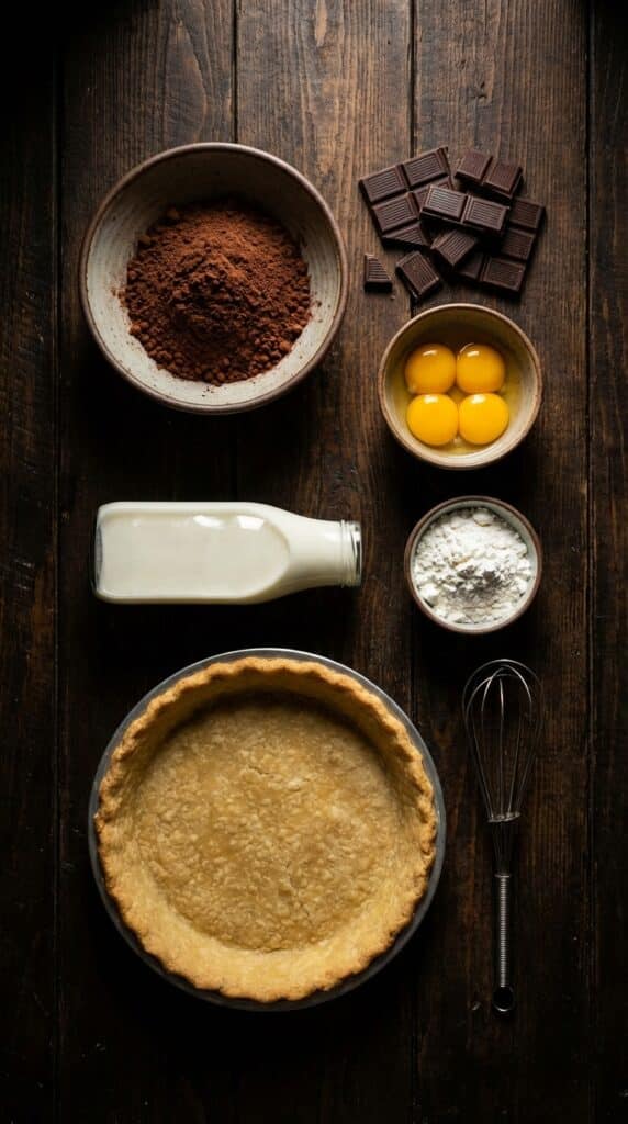 A flat lay showing dark chocolate chunks, cocoa powder, eggs, milk, and a pie crust on a dark tabl