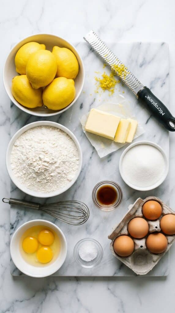 A flat lay showing fresh lemons, a zester, butter, flour, sugar, and eggs on a marble surface.