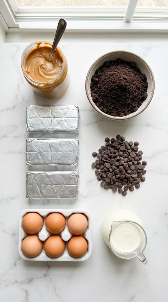 A flat lay showing a jar of peanut butter, cream cheese, chocolate crumbs, and eggs on a marble board.